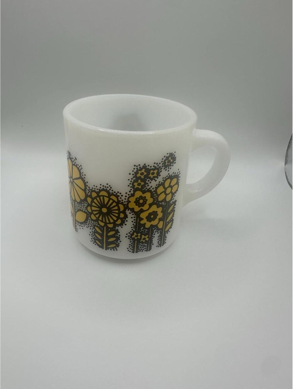 Hazel Atlas Vintage Milk Glass Coffee Mug with Yellow Flowers RETRO MCM